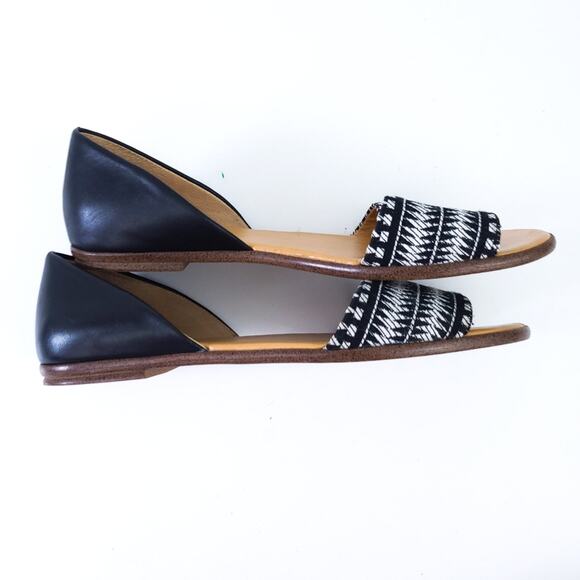 J. Crew F2028 Black Leather Striped Textile Women's Peep Toe D'Orsay Flats 9M - Picture 2 of 7